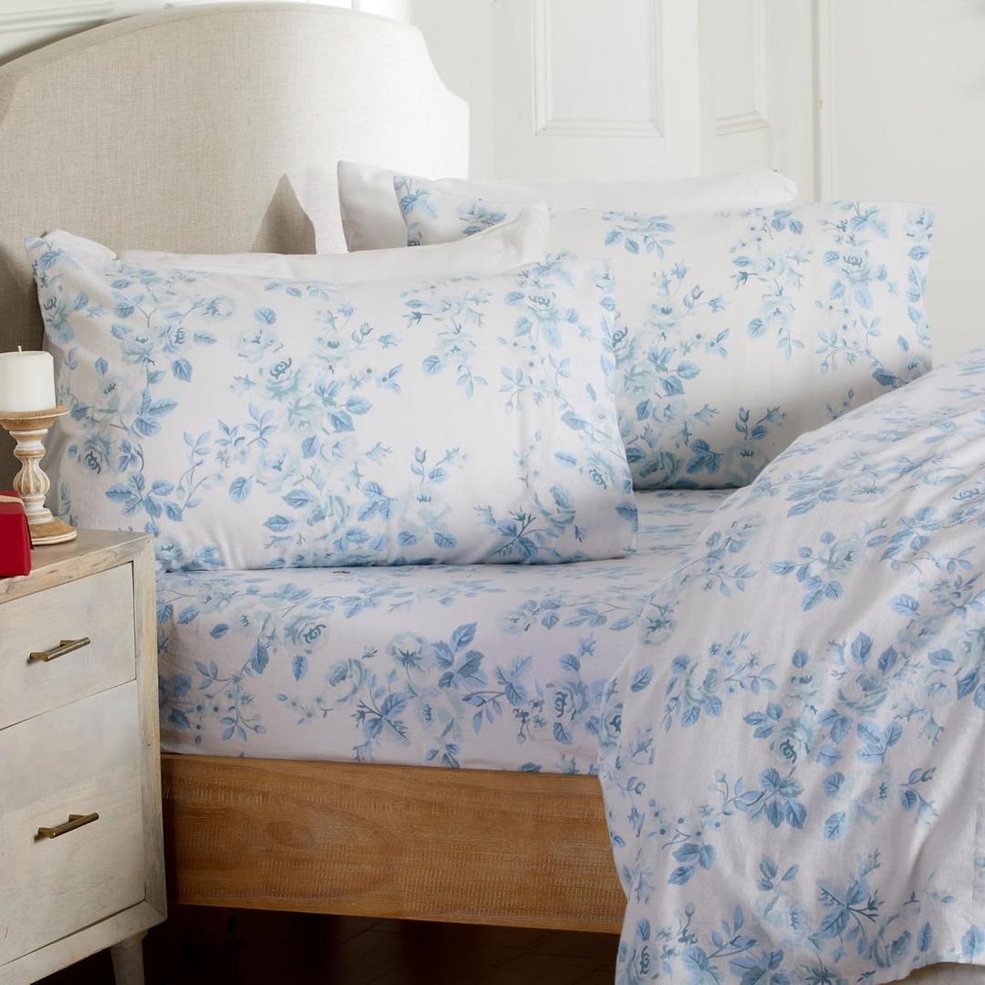 Market & Place 100% Cotton Full Flannel Sheet Set | 4 Piece Deep Pocket Cozy Winter Floral Bed Sheets | Double Brushed for Extra Softness & Comfort | Alpine Collection (Full, Vintage Floral)