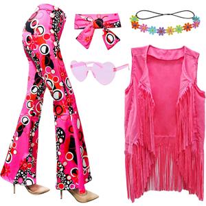 ATAMET 5 Pcs 60s 70s Hippie Costume Disco Outfits Fringe Vest Boho Bell Bottoms Peace Accessories Set Halloween for Women (Large, Pink)
