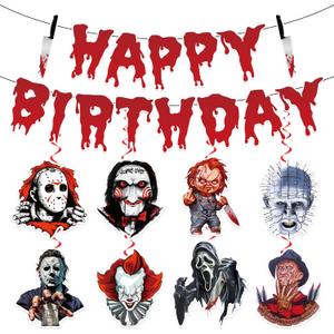 Horror Birthday Decorations, Horror Movie Halloween Decorations Includes 1Pc Happy Birthday Banner and 8Pcs Horro r Halloween Party Decorations Hanging Swirls, Horro r Movie Decor