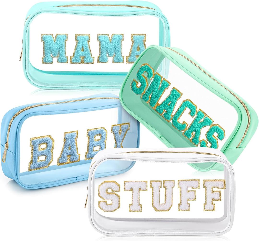 4 Pcs Mama and Baby Toiletry Bag Clear Chenille Letter Diaper Bag Pouch Snacks Makeup Stuff Travel Preppy Transparent Pouch with Zipper for Women Gift(Fresh Color)