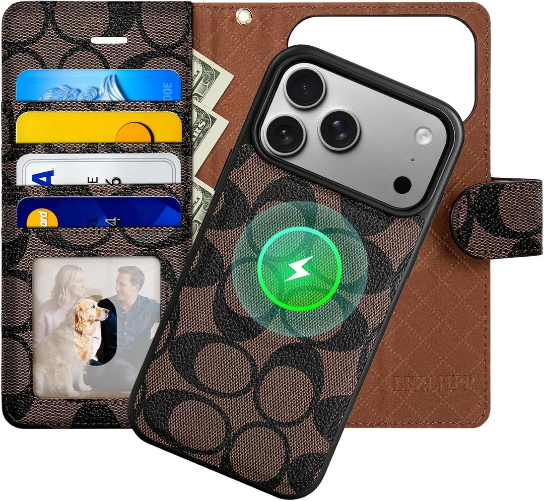 Magnetic Detachable Wallet Case for iPhone 17 Pro Max, Luxury PU Leather with Card Slots, Kickstand, Wrist Strap, MagSafe Compatible, 6.9-Inch Brown