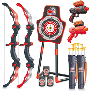 SpringFlower 2 Bow and Arrow Sets with LED Light-up,2 Foam Dart Guns for Kids 5 6 7 8 9 10+ Years Old, Archery Set with Standing Target for Boys & Girl, Ideal Gift
