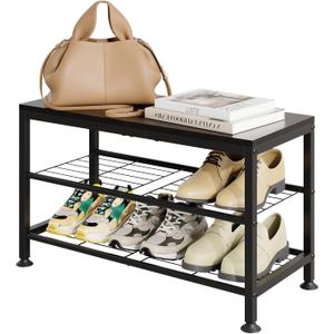 3-Tier Shoe Rack Bench - Entryway Organizer with Shoe Storage, Sturdy Shoe Shelf for Front Door, Small Space Saving Furniture, Black, 27.2" x 12.0" x 15.9"