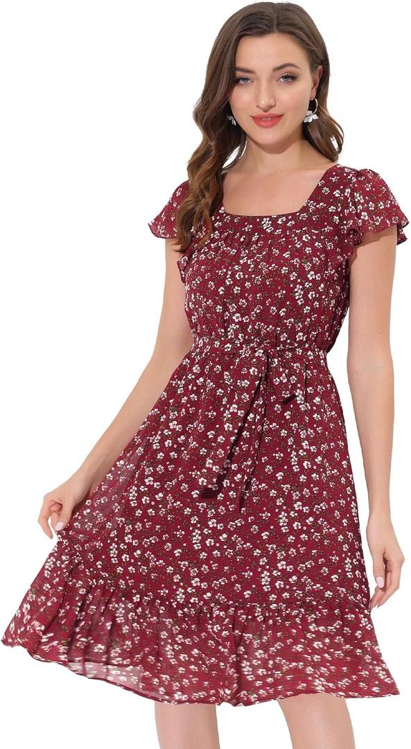 Allegra K Women's Midi Floral Chiffon Dress Flutter Sleeve Belted Square Neck Ruffled Dress (X-Large, Burgundy) Allegra K Women's Midi Floral Chiffon Dress Flutter Sleeve Belted Square Neck Ruffled Dress (X-Large, Burgundy)