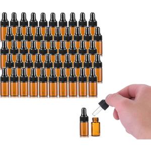 50 Pack, 3ml Amber Glass Dropper Vial for Essential Oils, Empty Eye Dropper Bottle With Black Screw Cap, Liquid Pipette Travel Test Sample Perfume Vial - Transfer Pipette Included