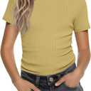 Girls Short Sleeve Slim Fit Ribbed Top | Crewneck Shirt, Round Neck, Knit, Cute, Casual, Tight, Basic, Solid, Plain, Summer, Layer, Comfortable, Versatile, Breathable (Yellow)