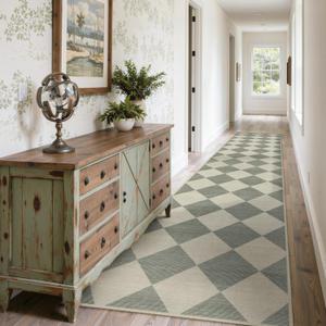 Beeiva Checkered Print Runners for Hallways Non Slip 2.5x12, Green Ultra Thin Washable Runner Rug Neutral Long Rugs for Hallway, Moroccan Plaid Floor Carpet for Kitchen, Modern Gingham Home Decor