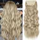 KooKaStyle Clip in Synthetic Highlight Hair Extensions Long Wavy 4PCS Thick Hairpieces Ashy Beige Blonde Balayage Fiber Double Weft Natural Hair Extensions 24 Inch for Women