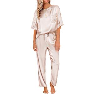 Ekouaer Womens Satin Silky Pajama Set Short Sleeve Shirt with Long Pajama Pant Set Soft PJ Loungewear (Medium, Champagne)