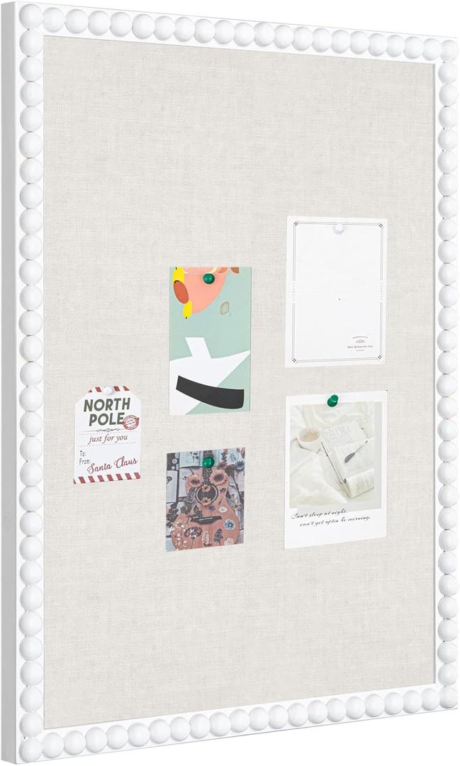 Linen Cork Bulletin Board with White Wood Frame and Beaded 24 x 18 in Decorative Picture Pin Boards Boho Cute Vision Board for Home Office Study Bedroom and Dorm Wall Farmhouse Decor