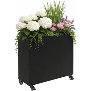 Tall Rectangular Metal Planter Box36''L x 11''W x 30''H with Wheels, Large Outdoor Rolling Planter for Patio & Garden, Modern Black Steel Planter Boxes Outdoor with Locking Casters