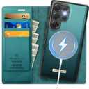 Wallet Case for Samsung Galaxy S25 Ultra Compatible with Magsafe, 2-in-1 PU Leather Flip RFID Blocking Card Holder Stand Shockproof Magnetic Detachable Cover for Galaxy S25 Ultra, Bluegreen