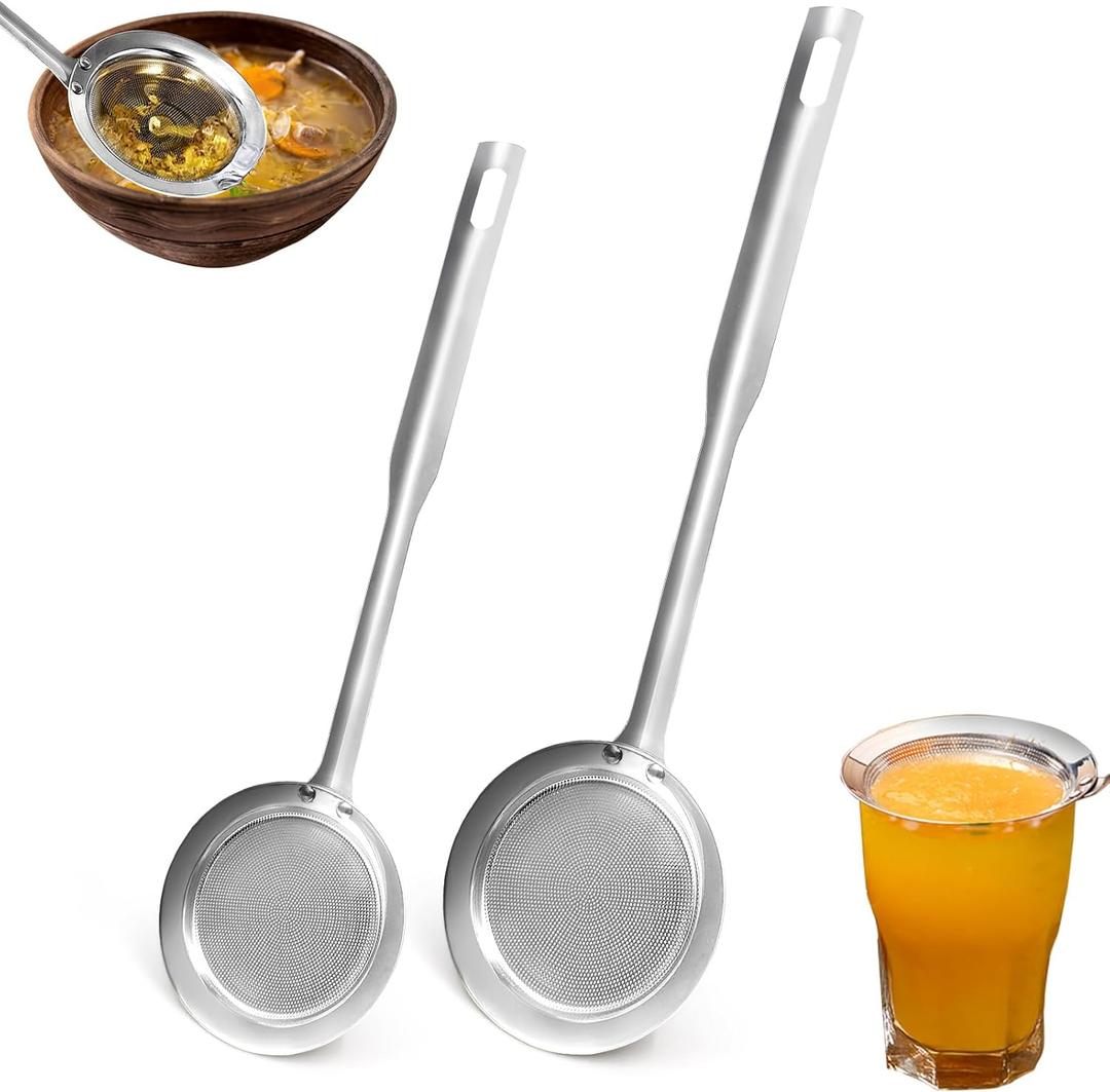 Fine Mesh Stainless Steel Colander Spoon, Sieve Fine Mesh Strainer with Long Handle Stainless Steel Skimmer Spoon Kitchen Gadget for Cooking Oil Filter Skimming Grease and Foam