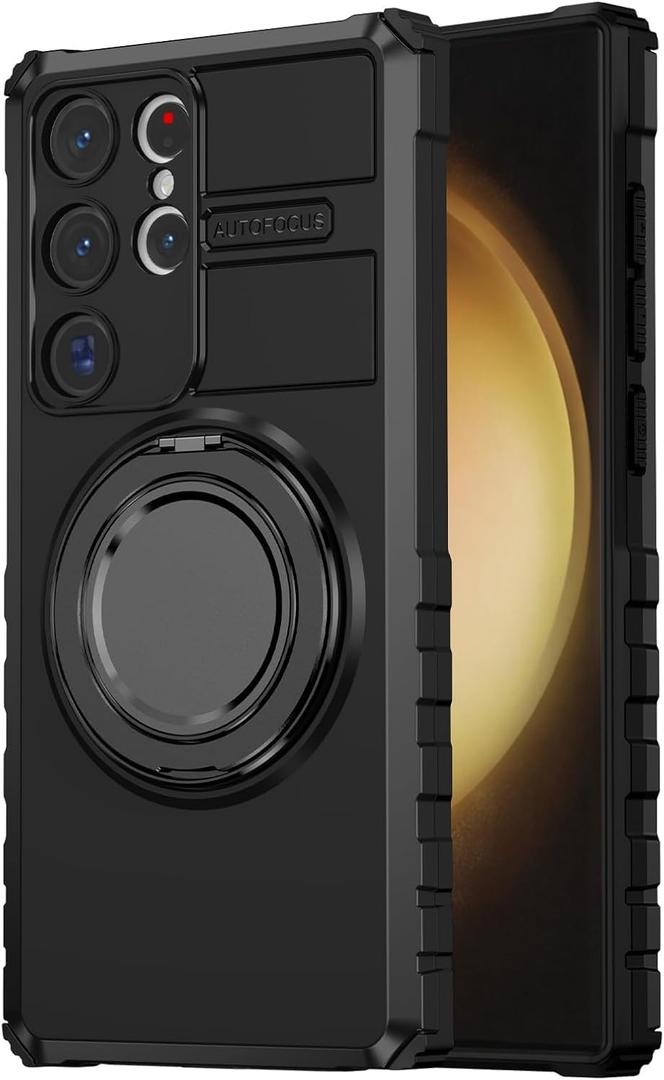 Compatible Samsung Galaxy S23 Ultra Case with 360Spin Versatile Magnetic Ring Kickstand [Compatible with Magsafe] Military Grade Shockproof Slim Heavy Duty Protection, Black