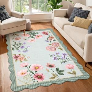 GarveeHome Floral Scalloped Washable Rugs 9x12, Non-Slip Low Pile Living Room Rugs 9x12, Soft Bedroom Rug Stain Resistance Boho Throw Rug with Rubber Back for Dining Room, Blue