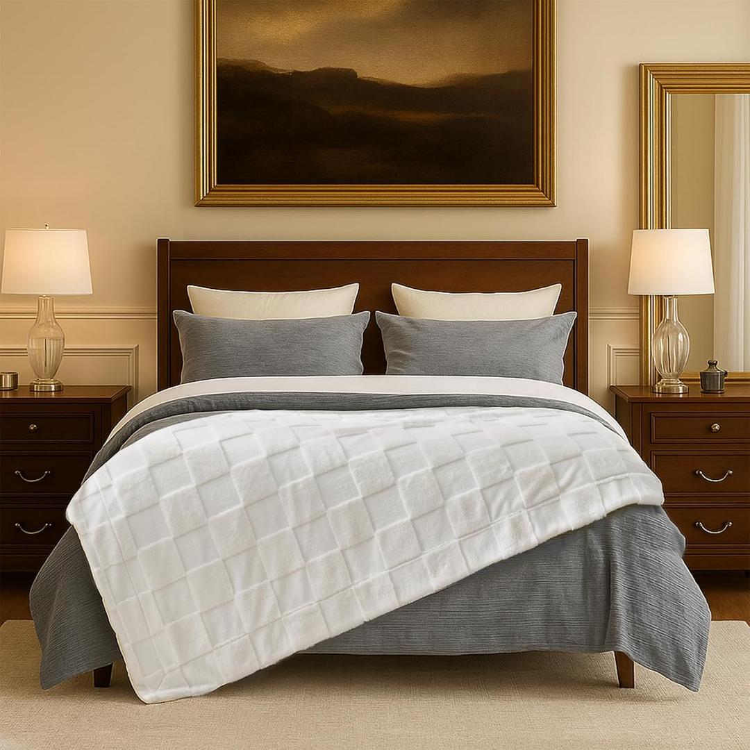 Cozy Bliss Checkered Faux Rabbit Fur Blanket King Size for Bed, Soft Fuzzy Blankets for Women Men, Large Furry Fleece Throw for Bedroom Decor (Ivory, 90'' x 108'')