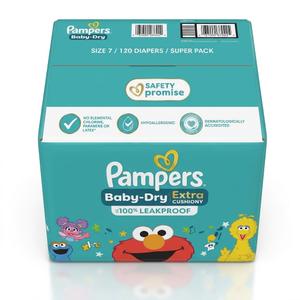 Pampers Baby-Dry Extra Protection Diapers – Size 7, Super Pack (120 Count), Hypoallergenic & Leakproof Disposable Baby Diapers (Sesame Street Designs)
