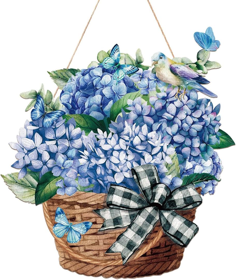 Capoda Spring Door Sign Decor Blue Hydrangea Door Hanger Welcome Spring Flower Butterfly Farmhouse Rustic Hanging Plaque Decorations for Easter Home Room Indoor Outdoor Wall Decor, 11.81 x 11.81 Inch