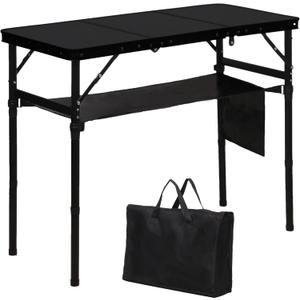 LOFTEY Folding Camping Table with 3 Adjustable Height, 3ft Foldable Aluminum Camp Table, Lightweight with Storage Bag, Portable for Outdoor, BBQ, Hiking, 34.2" x 15.7" x 27.5", Black