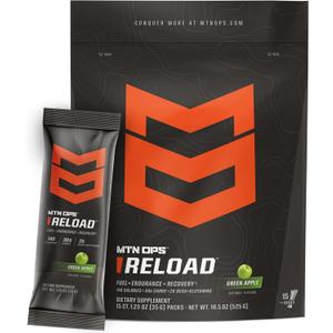 MTN OPS Reload Ready-to-Mix Carb Mix, 30g Fast-Digesting Carbohydrates, MCT Oil Powder & BCAAs, Energy & Endurance, Single-Serve Stick Packs, 15 Servings, Green Apple (EXP 03/01/27)