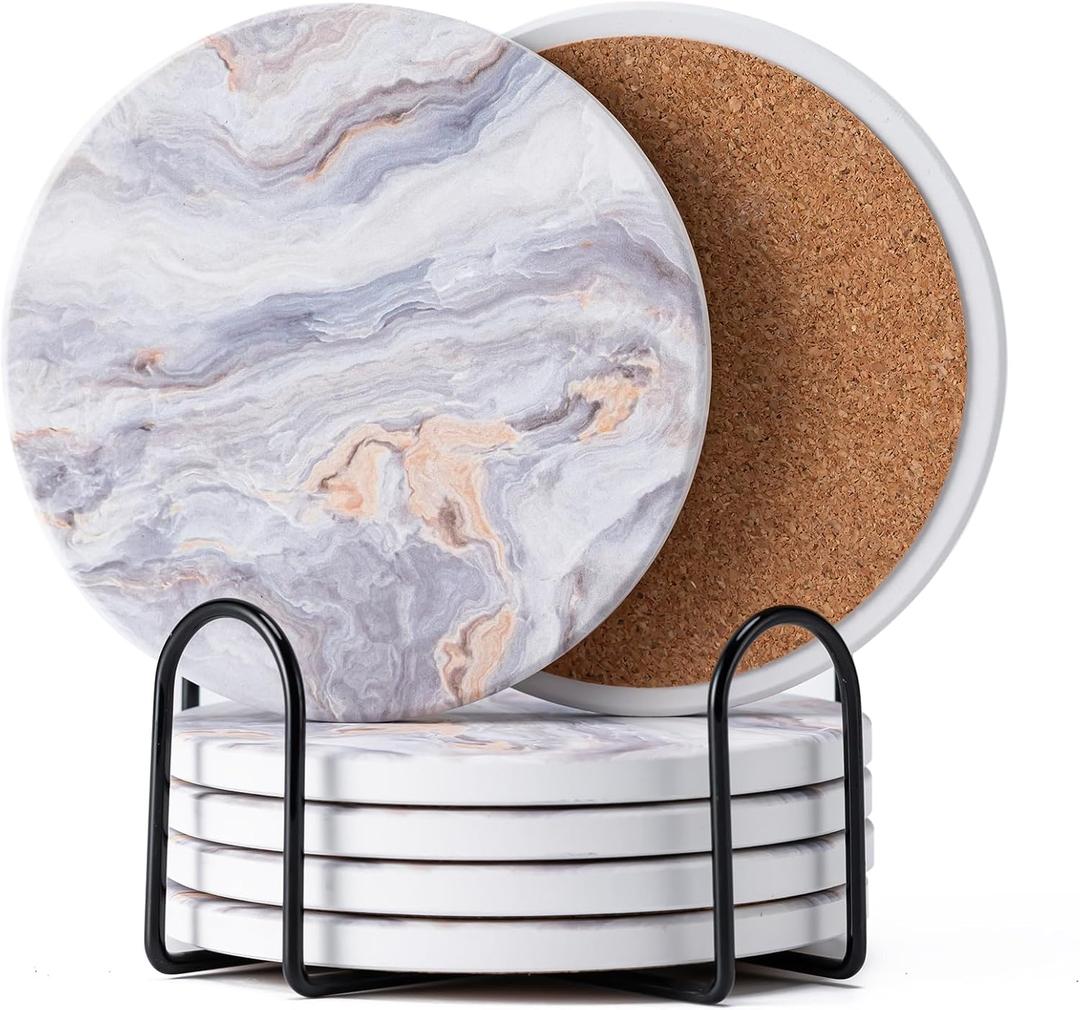 Hoewina 6Pcs Drink Coasters with Holder, Marble Style Ceramic Drink Coaster, Absorbent Coasters Set Suitable for Kinds of Cups, Modern Style Coasters for Coffee Table, 4 InchesStyle 8