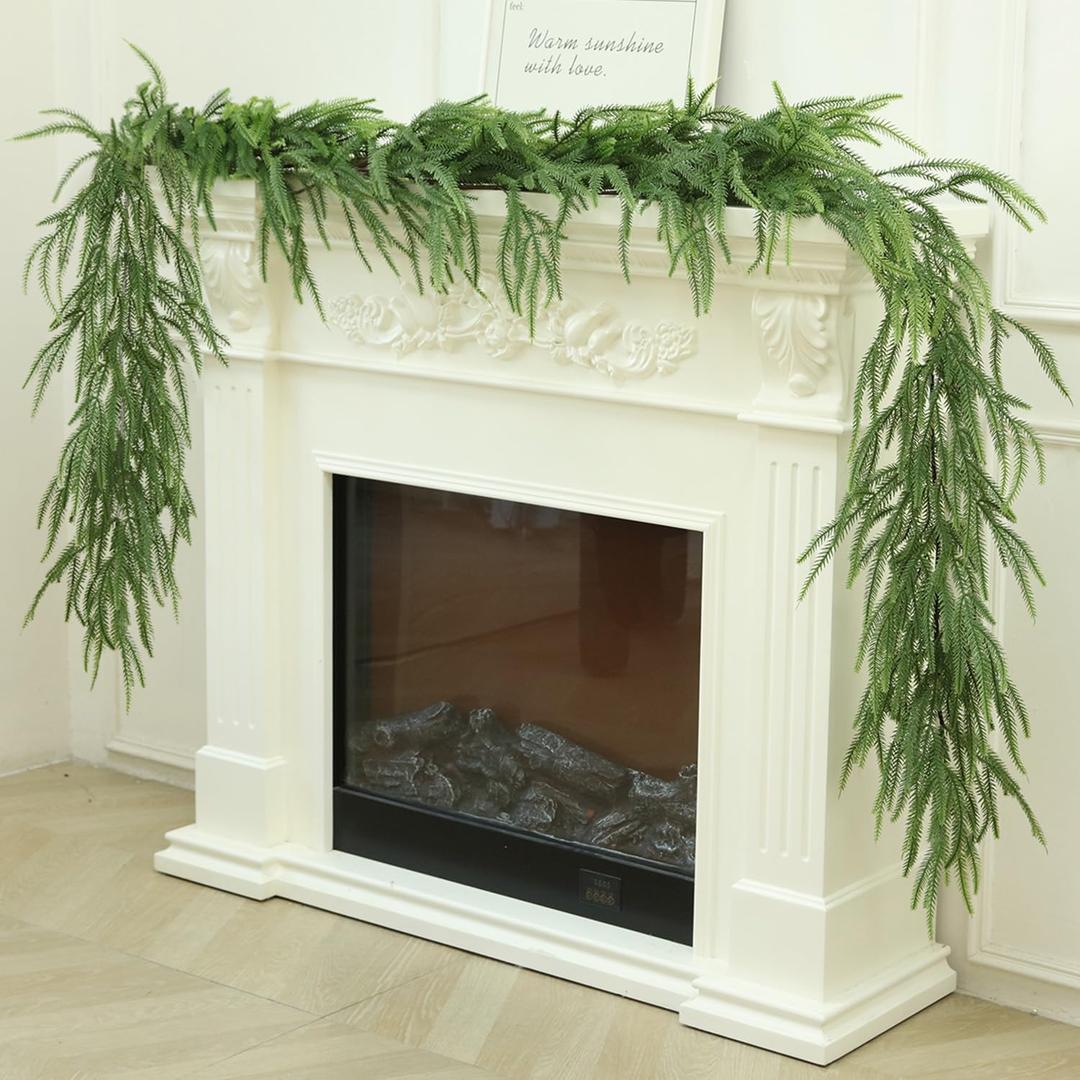 9Ft Real Touch Norfolk Pine Garland Realistic, Artificial Faux Cedar Greenery Garland for Window Fireplace Mantle Indoor Outdoor Christmas Decor