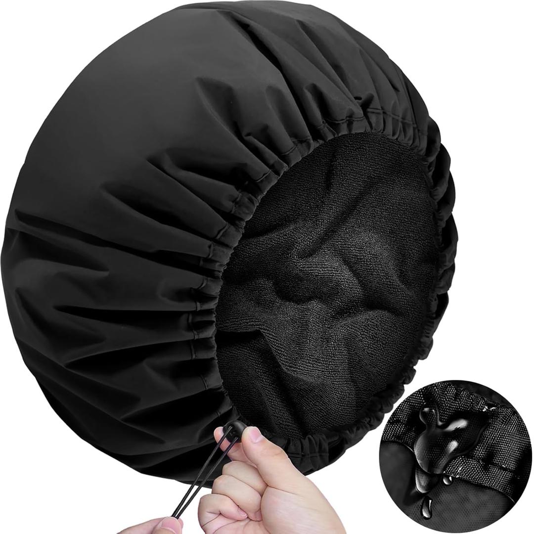 Sheomern 15" XL Extra Large Terry Lined Shower Cap, Adjustable Dual Waterproof Shower Cap for Women Reusable Soft Hair Cap Bath Cap for Long Braids, Thick Hair, Locs, Curly Hair (Black)