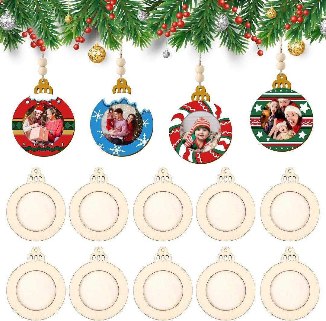 COCHIE Wooden Christmas Photo Ornaments Crafts to Paint for Christmas Tree Decorations, Color Your Own Xmas Picture Frame Hanging Ornament Craft for Painting Set of 10 (Christmas Ball)
