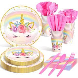 Meanplan 168 Pcs Unicorn Party Tableware Supplies Set Include Rainbow Unicorn Paper Plates Napkins Cups Knives Forks Spoons for Girls Guests Birthday Baby Shower Party Favor Serves 24 Guests