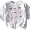 RoseSeek Girl's Graphic Tees Short Sleeve Bow Print Tee Tops Crew Neck Drop Shoulder Casual Summer T Shirts Size: 9 Years