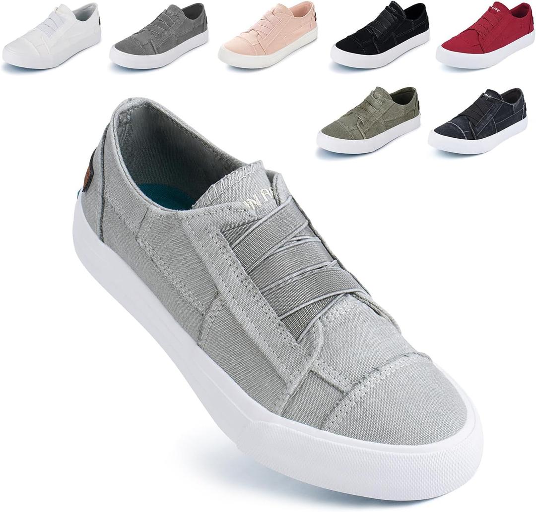 JENN ARDOR Women's Stylish Slip On Sneakers No Laces Elastic Low Top Canvas Sneakers Trendy Flats Comfortable Casual Walking Shoes (7, Light Gray Canvas)