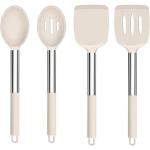 TeamFar Kitchen Utensils, 4 PCS Silicone Cooking Utensils Spatula Spoon Set with Stainless Steel Handle, for Frying Mixing Draining Turning, Healthy & Heat-proof, Non-stick & Dishwasher Safe - Khaki