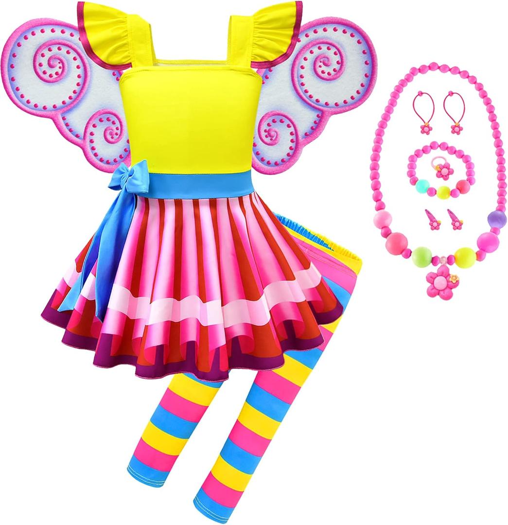 Akokvlar Fancy Fairy Costume for Girls Halloween Dress with Butterfly Wings Leggings (6-7 Years, Yellow)