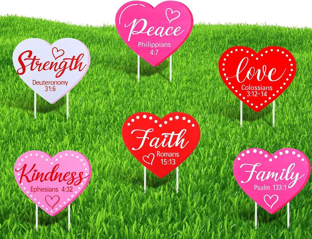 6 Pcs Valentines Day Yard Signs Religious Heart-shaped Lawn Sign Valentine Bible Verse Heart Yard Decoration with Stakes for Church Outdoor Wedding Anniversary Patio Pathway Garden Decor