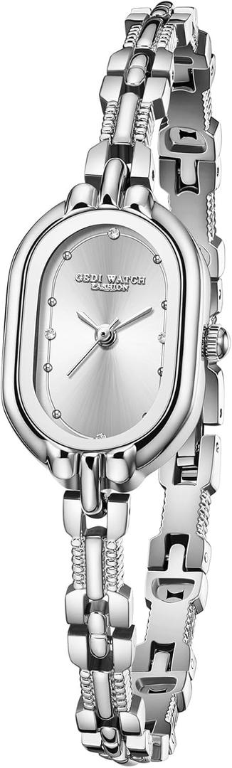 CARLIEN Women Vintage Petite Bracelet Gold Dainty Watch Small Oval Analog Quartz Watch Luxury Waterproof Ladies Diamonds Wristwatch (Silver)