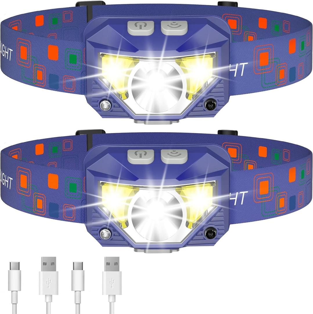 LHKNL Headlamp Flashlight, Lumen Ultra-Bright LED Rechargeable Headlight with White Red Light,2-Pack Waterproof Motion Sensor Head Lamp,8 Modes for Outdoor Camping Running Fishing- Blue