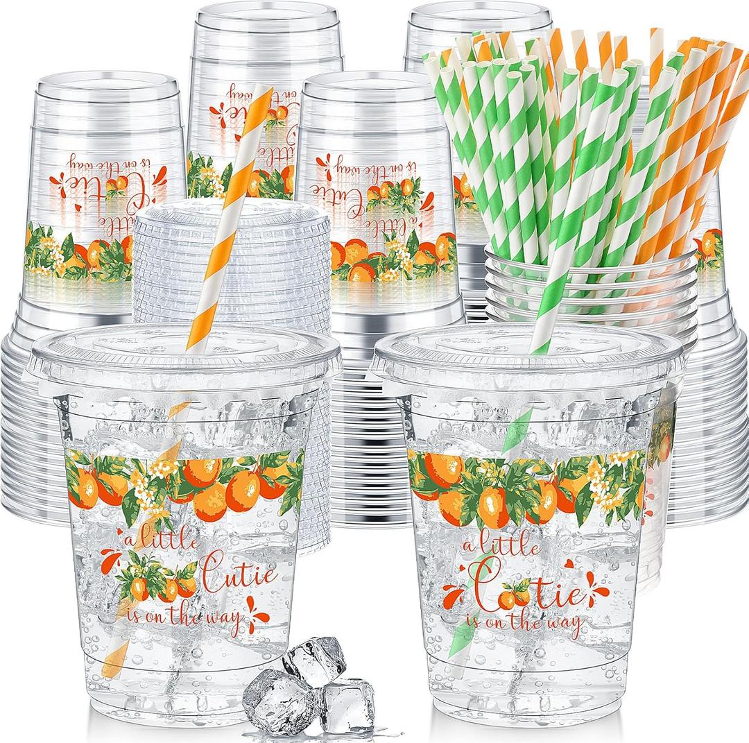 Pickmesh 50 Pcs Cutie Baby Shower Party Plastic Cup 12 oz a Little Cutie Is on The Way Thick Clear Cup Lids Straws Baby Shower Gender Reveal Party Supplies Decorations