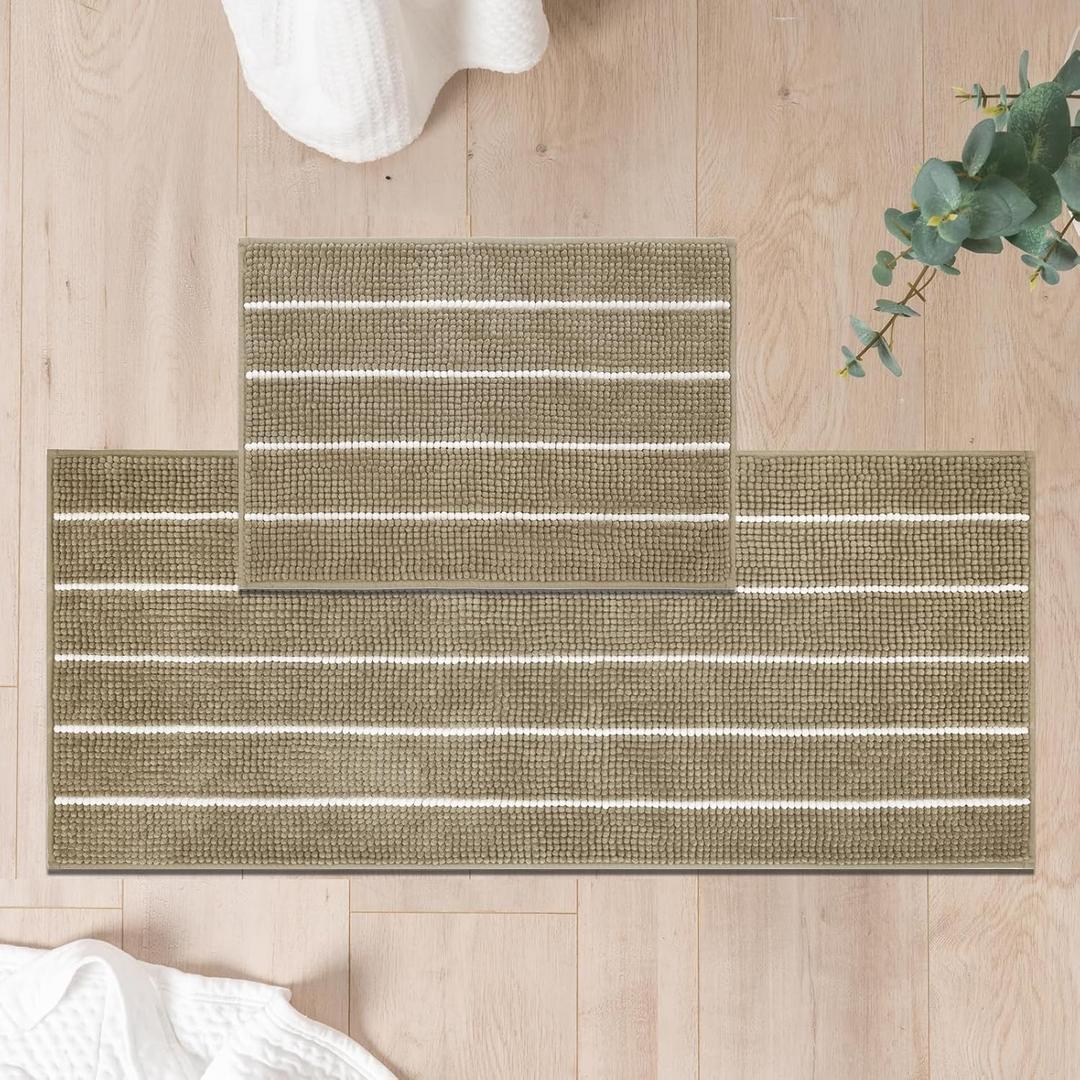 FRESHMINT Stripe Chenille Bathroom Rugs Set 2 Piece 17"x24"+20"x47", Water Absorbent Soft Bath Mat for Bathroom, Non Slip Bath Rug Washable Quick Dry Shower Mats, Beige and White