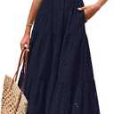 PRETTYGARDEN Women's Summer Square Neck Maxi Dresses Cap Sleeve Eyelet Smocked Tiered A Line Flowy Long Dress with Pockets (Medium)
