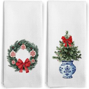Chinoiserie Christmas Kitchen Towels, Blue and White Tree Bow Dish Tea Towels for Kitchen, Coquette Christmas Xmas Holiday Decorative Hand Towels for Bathroom Decor, 16X24 Inch Set of 2