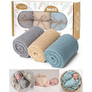Sunmig Newborn Photography Props - 3 Pcs Stretch Wraps, Professional Baby Photo Props, Long Ripple Wrap for 0-6 Months (Light Grey+Canal Blue+Champagne)