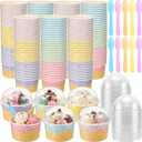 Jingmore 120 Set 8oz Ice Cream Paper Cups with Lids and Spoons, Disposable Sundae Bowls, Dessert Cups for Birthday Party Supplies, Paper Ice Cream Bowls Bulk for Yogurt, Snacks