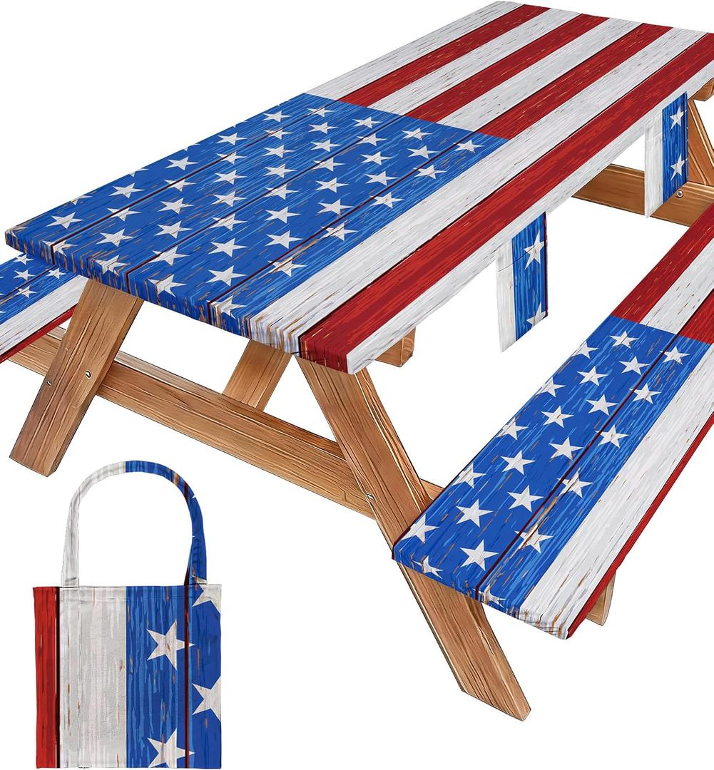 Picnic Table Cover with Bench Covers Waterproof Rectangle Tablecloth Camping Essentials Supplies Rv Travel Gear Must Haves Accessories Fitted Table Cloth Outdoor Road Trip Camper Gifts American Flag