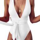 Lilosy Sexy Tie Criss Cross Plunge One Piece Thong Swimsuit High Cut Brazilian Bathing Suit (Small, White)