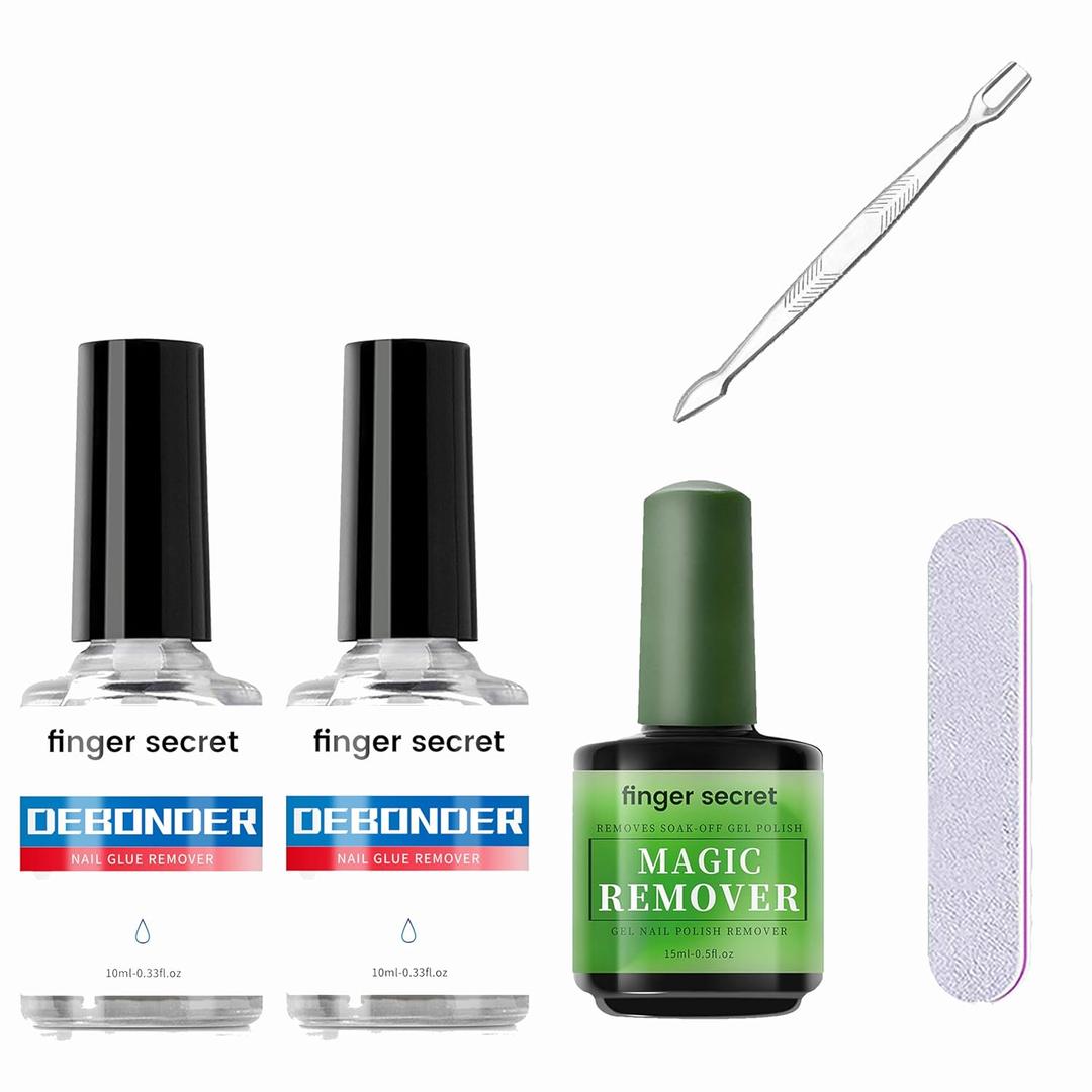 3 x Glue Nail Remover Kit-10ml-0.33FL.OZ Nail Glue Remover (2pcs) with Gel Nail Polish Remover, Steels Nail Pusher and Nail File-Easy Removal Debonder for Glue on Nail