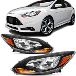 Headlights Assembly for 2012 2013 2014 Ford Focus Halogen Head light Headlamp, Bulb Include, Black Housing Amber Corner
