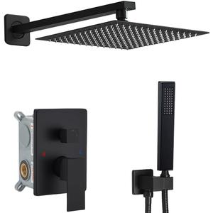 Shower Faucet Set Complete, Wall Mount Shower System for Bathroom 12 Inch High-Pressure Rainfall Shower with Handheld, Rough-in Valve Body and Trim Kit, Matte Black