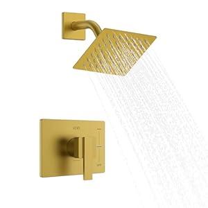 KENES Modern Brushed Gold Shower Faucet, Square Shower Trim Kit with Single-Spray Stainless Gold Rain Shower Head, Shower Trim Systems Wall Mount, KE-6025B-4 (Shower Valve Included)