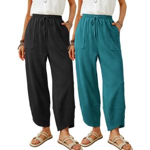 2 Pack Cotton Wide Leg Pants Women High Waisted Cropped Palazzos Summer Beach 2026 Casual Trousers HPM (L)