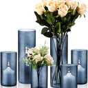 Blue Glass Cylinder Vases Hurricane Candle Holders Pillar Candle Holders Vases Blue Vase Candle Holder Clear Glass Flowers Vases for Valentine Wedding Kitchen Table Centerpiece Decoration (3 Pieces)